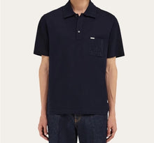 Load image into Gallery viewer, V-neck polo with jacquard pocket detail in Navy blue
