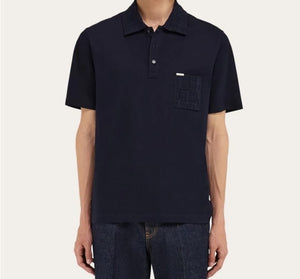 V-neck polo with jacquard pocket detail in Navy blue