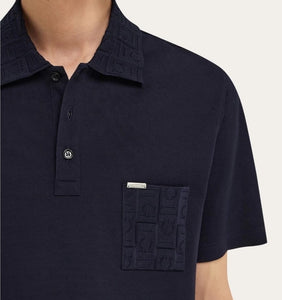 V-neck polo with jacquard pocket detail in Navy blue