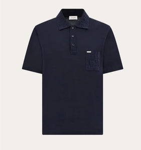 V-neck polo with jacquard pocket detail in Navy blue