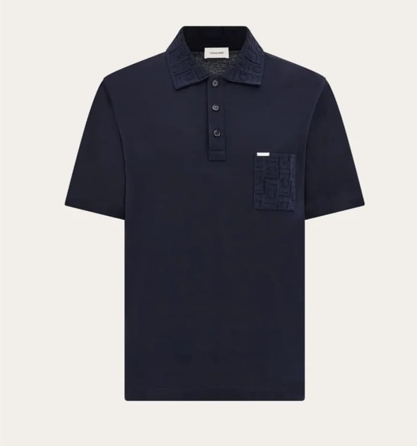 V-neck polo with jacquard pocket detail in Navy blue