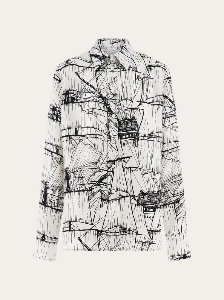 Veliero Print Silk Shirt in White/Black